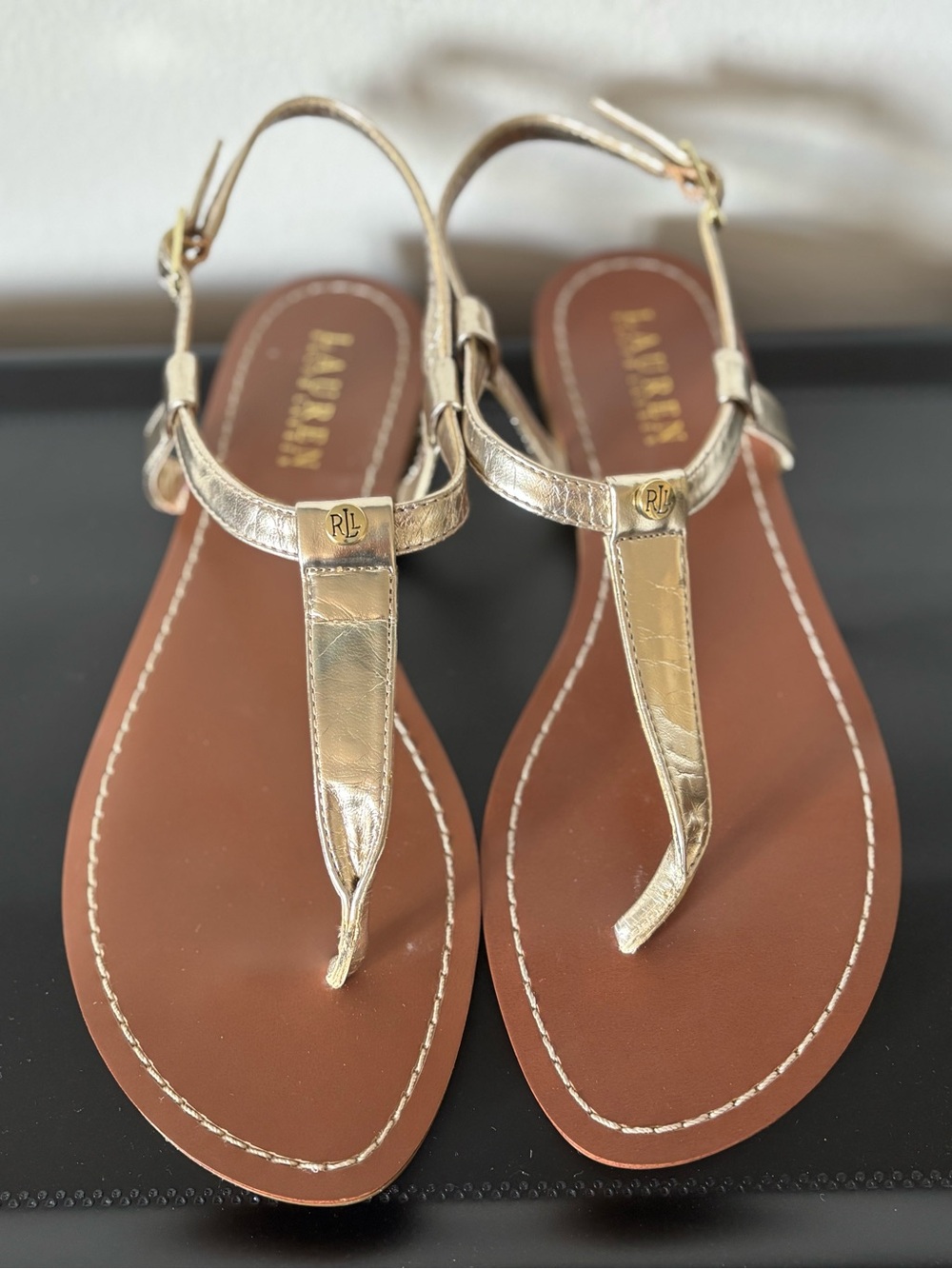 Ralph Lauren Metallic T-Strap Leather Sandals